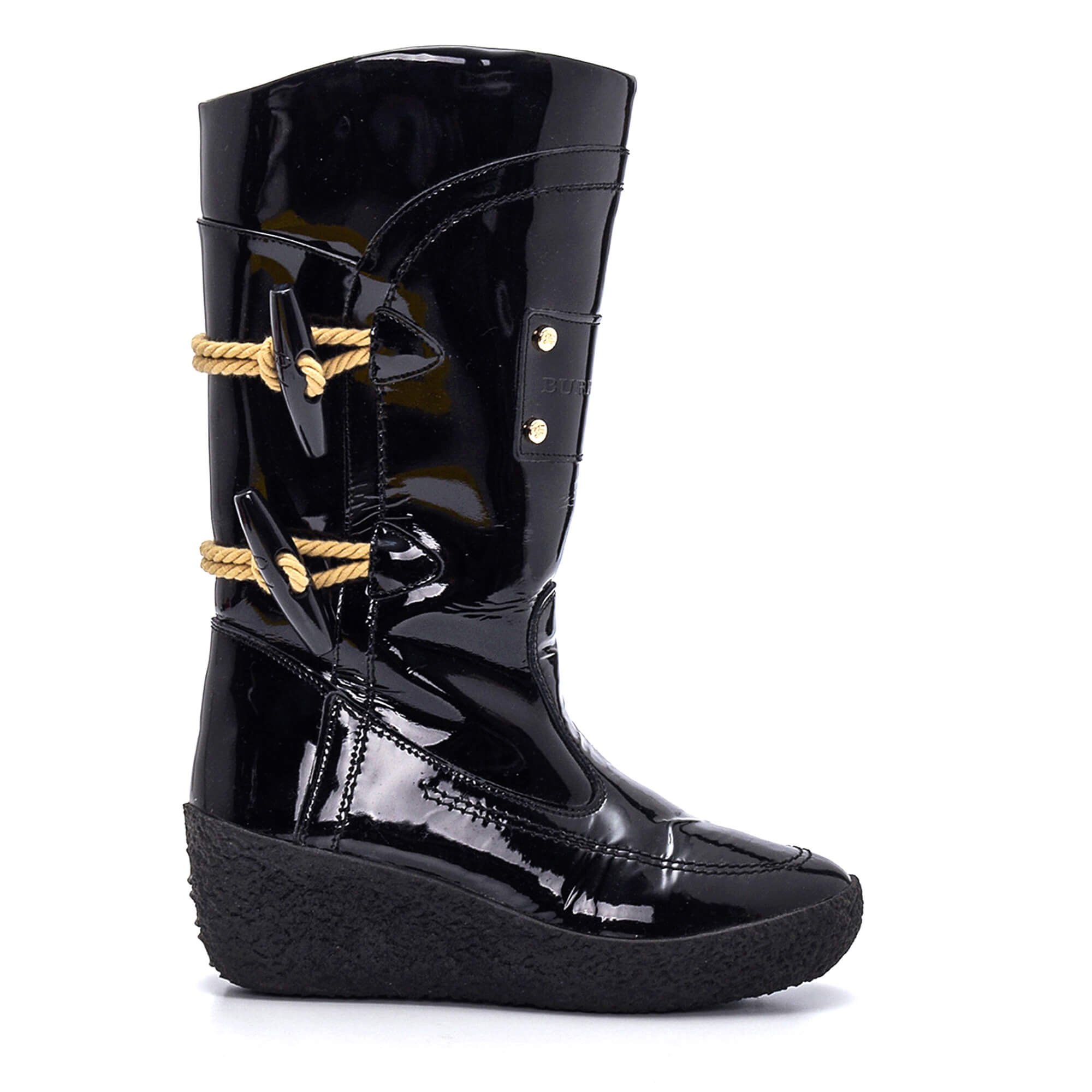 Burberry - Black Patent Leather Wedge Rain Boots